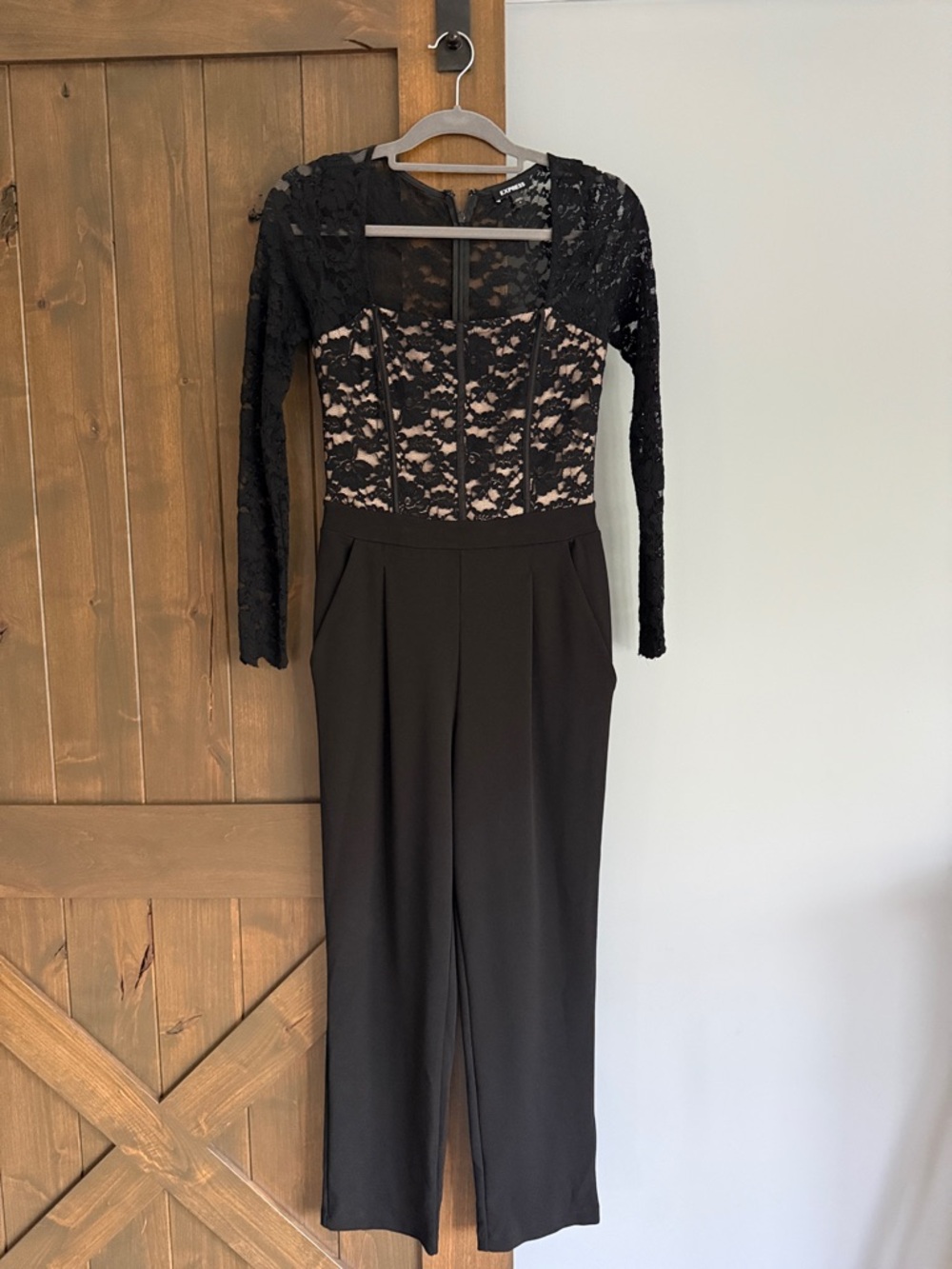 Express Black Lace-Overlay Long-Sleeve Jumpsuit | Size 4